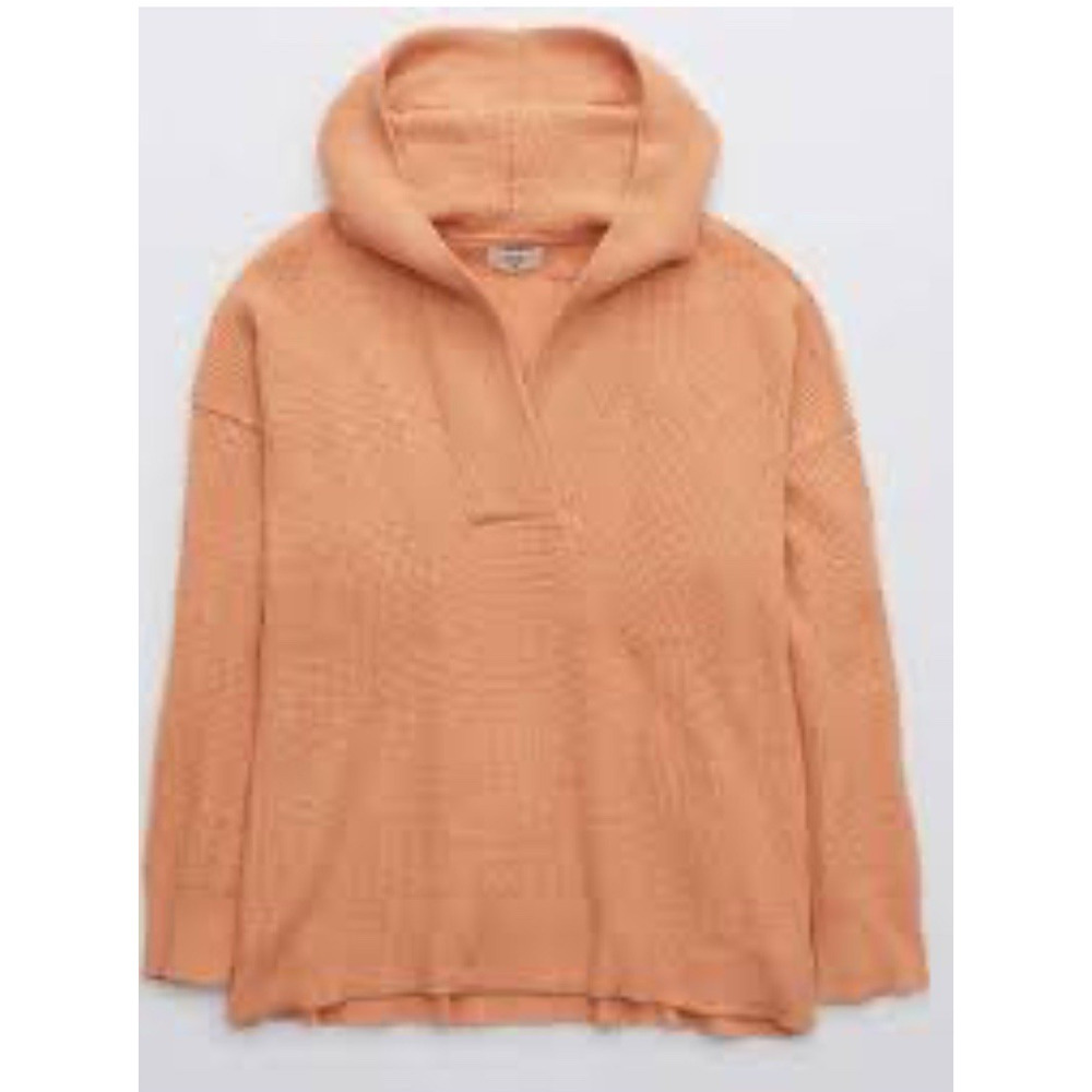 Aerie Cozy Up Waffle Knit Hooded Sweater Small Peach Thermal Oversized‎ V Neck